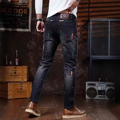 Men's Paint-Splatter Slim Jeans, Distressed Dark Washed Denim Pants for Streetwear