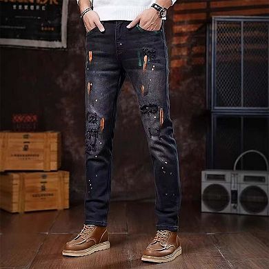Men's Paint-Splatter Slim Jeans, Distressed Dark Washed Denim Pants for Streetwear