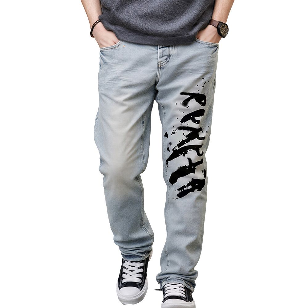 Men's Light Washed Graffiti Print Jeans, Loose Straight Denim