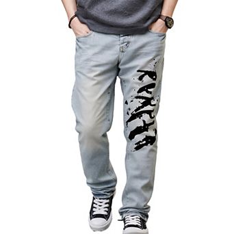 Men's Light Washed Graffiti Print Jeans, Loose Straight Denim Pants for Streetwear