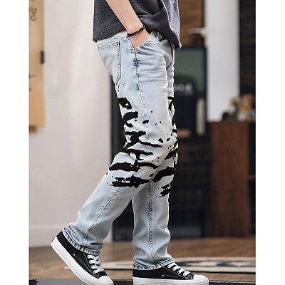 Men's Light Washed Graffiti Print Jeans, Loose Straight Denim