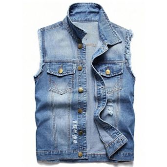 Men's Light Washed Distressed Denim Vest, Sleeveless Trucker Jacket for Streetwear