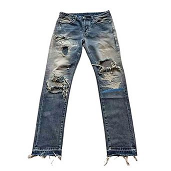 Men's Heavy Distressed Flare Jeans, Patchwork Ripped Denim Pants for Streetwear