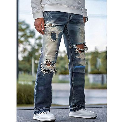 Men's Heavy Distressed Flare Jeans, Patchwork Ripped Denim Pants for Streetwear