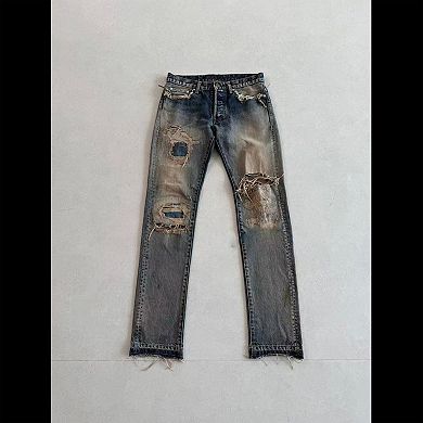 Men's Heavy Distressed Flare Jeans, Patchwork Ripped Denim Pants for Streetwear