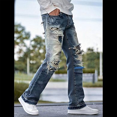 Men's Heavy Distressed Flare Jeans, Patchwork Ripped Denim Pants for Streetwear
