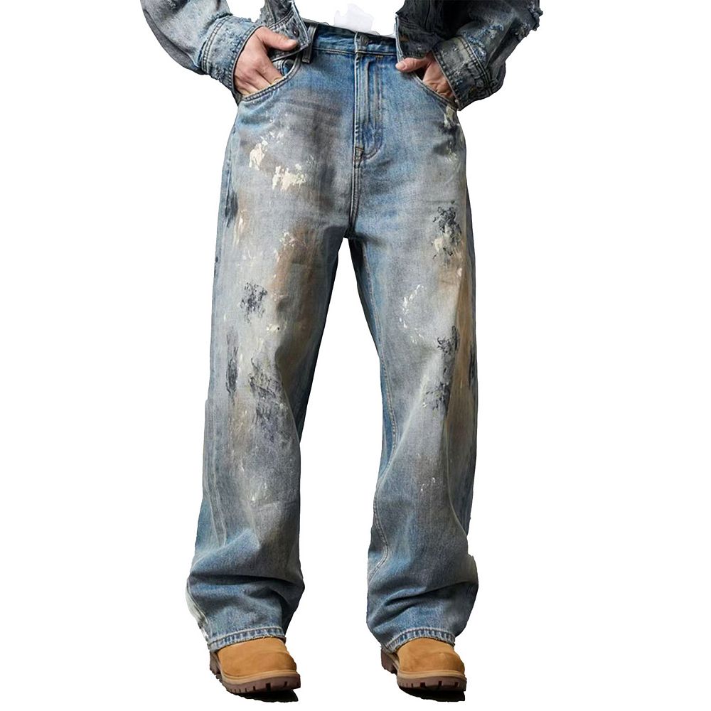 Men's Vintage Paint-Splatter Baggy Jeans, Distressed Wide Leg