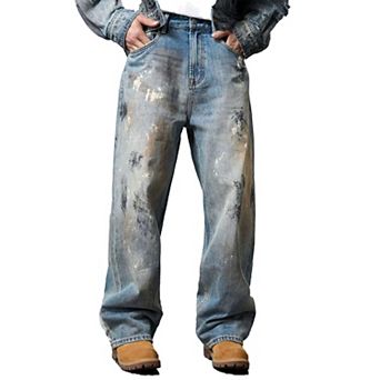 Men's Vintage Paint-Splatter Baggy Jeans, Distressed Wide Leg Denim Pants for Streetwear
