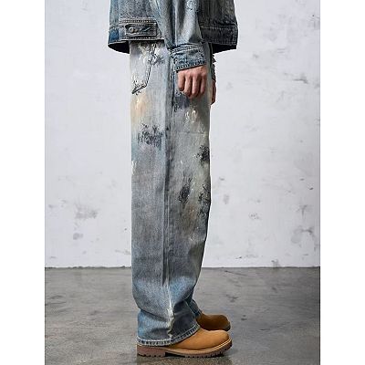 Men's Vintage Paint-Splatter Baggy Jeans, Distressed Wide Leg