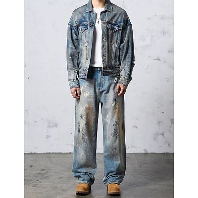 Men's Vintage Paint-Splatter Baggy Jeans, Distressed Wide Leg