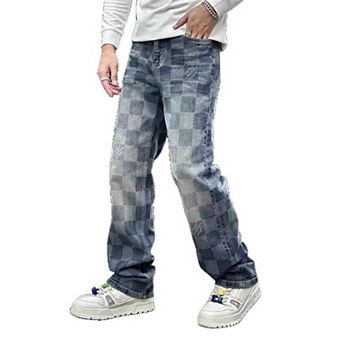 Men's Checkerboard Print Baggy Jeans, Vintage Washed Wide Leg Denim Pants for Streetwear