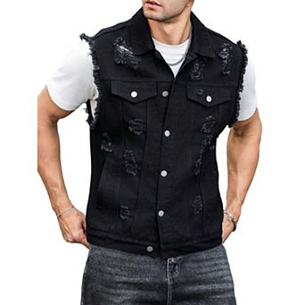 Men's Black Distressed Denim Vest, Sleeveless Trucker Jacket for Streetwear & Punk Style
