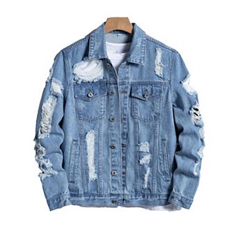 Men's Light Washed Heavy Distressed Denim Jacket, Ripped Trucker Coat for Streetwear