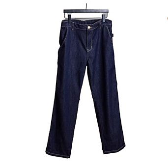 Men's Raw Denim Straight Leg Jeans, Classic Dark Wash Wide Leg Pants for Casual