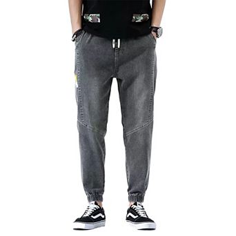 Men's Washed Jogger Jeans, Elastic Waist & Cuffed Denim Pants for Casual Streetwear