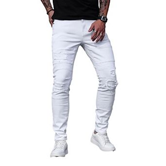 Men's White Distressed Biker Jeans, Slim Fit Ripped Denim Pants for Streetwear & Casual
