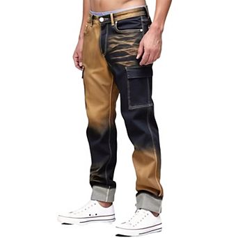 Men's Two-Tone Gradient Cargo Jeans, Vintage Washed Denim Pants for Streetwear & Urban