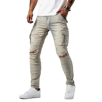 Men's Light Washed Distressed Cargo Skinny Jeans, Denim Pants for Streetwear & Casual