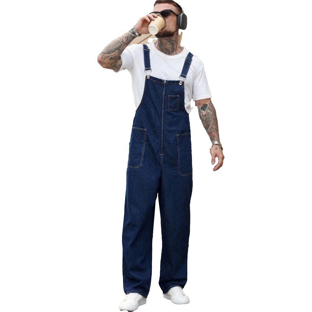 Men's Dark Wash Denim Overalls, Classic Workwear Jumpsuit with