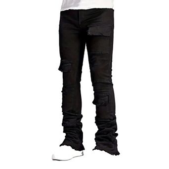 Men's Black Patch Pocket Stacked Flare Jeans, Frayed Distressed Denim Pants for Streetwear