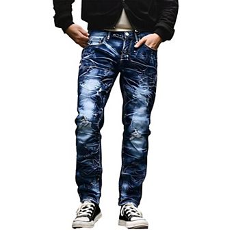Men's Marbled Washed Distressed Slim Jeans, Vintage Ripped Denim Pants for Streetwear