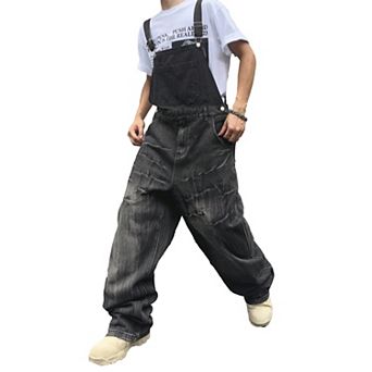 Men's Vintage Cracked Wash Denim Overalls, Loose Wide Leg Bib Jumpsuit for Streetwear