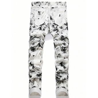 Men's Slim Fit Printed Denim Jeans, Casual Stretch Straight Leg Fashion Denim Pants.