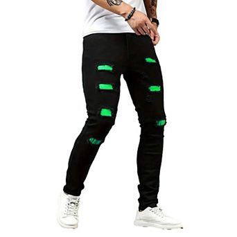 Men's Black Ripped Skinny Jeans, Contrast Green Liner Distressed Denim Pants