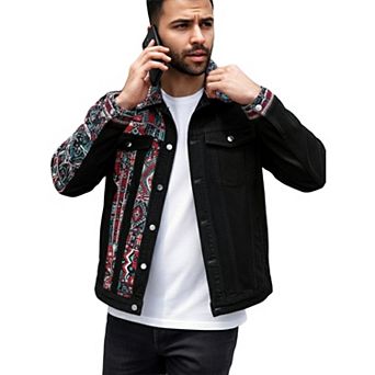 Men's Ethnic Patchwork Denim Jacket, Casual Button-Down Trucker Coat.