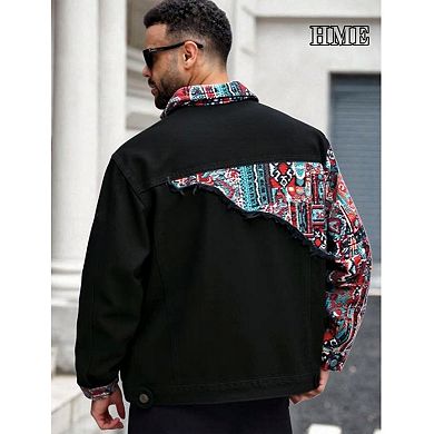 Men's Ethnic Patchwork Denim Jacket, Casual Button-Down Trucker Coat.