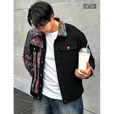 Men's Ethnic Patchwork Denim Jacket, Casual Button-Down Trucker Coat.