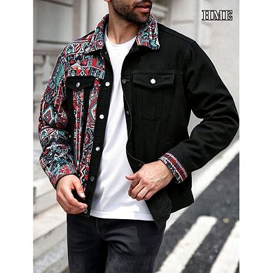Men's Ethnic Patchwork Denim Jacket, Casual Button-Down Trucker Coat.