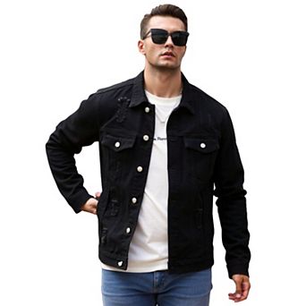 Men's Black Distressed Denim Trucker Jacket, Plus Size Ripped Jean Coat.
