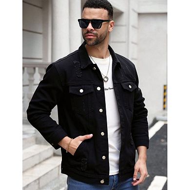 Men's Black Distressed Denim Trucker Jacket, Plus Size Ripped Jean Coat.