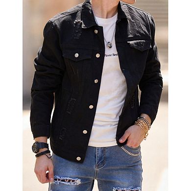 Men's Black Distressed Denim Trucker Jacket, Plus Size Ripped Jean Coat.