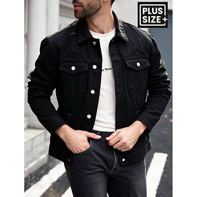 Men's Black Distressed Denim Trucker Jacket, Plus Size Ripped Jean Coat.