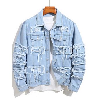 Men's Light Wash Ripped Fringe Denim Jacket, Distressed Trucker Jacket for Streetwear