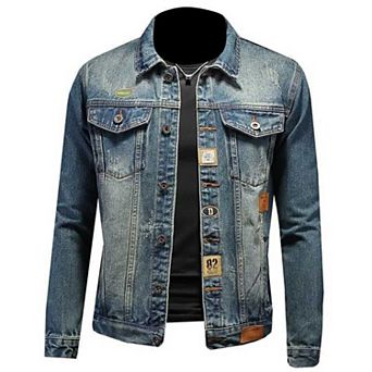 Men's Vintage Distressed Denim Jacket, Casual Trucker Jacket with Patches for Streetwear