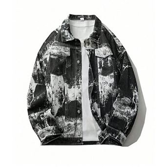 Men's Tie-Dye Print Denim Jacket, Casual Trucker Jacket with Unique Bleached Style