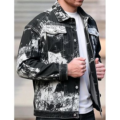 Men's Tie-Dye Print Denim Jacket, Casual Trucker Jacket with Unique Bleached Style