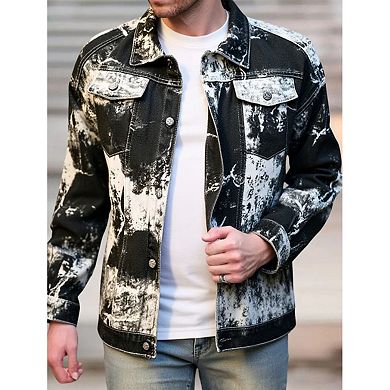 Men's Tie-Dye Print Denim Jacket, Casual Trucker Jacket with Unique Bleached Style