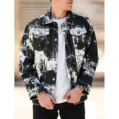 Men's Tie-Dye Print Denim Jacket, Casual Trucker Jacket with Unique Bleached Style