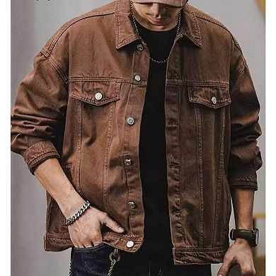 Men's Vintage Washed Denim Trucker Jacket, Loose Fit Retro Jean Coat.