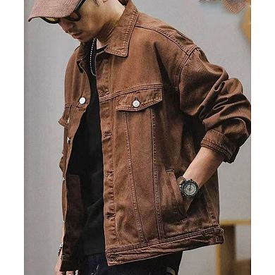 Men's Vintage Washed Denim Trucker Jacket, Loose Fit Retro Jean Coat.