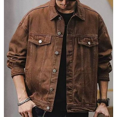 Men's Vintage Washed Denim Trucker Jacket, Loose Fit Retro Jean Coat.