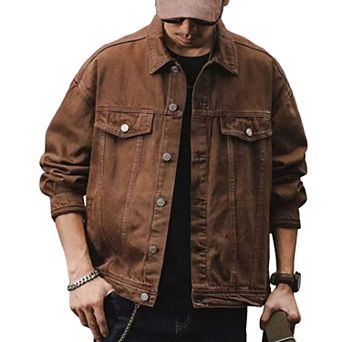 Men's Vintage Washed Denim Trucker Jacket, Loose Fit Retro Jean Coat.