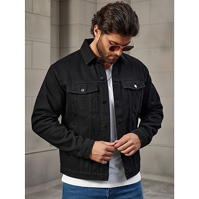Men's Classic Black Denim Jacket, Casual Trucker Jacket with Button Closure.