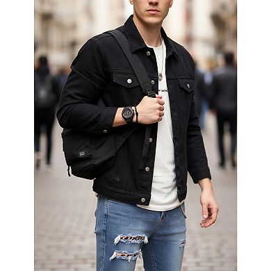 Men's Classic Black Denim Jacket, Casual Trucker Jacket with Button Closure.