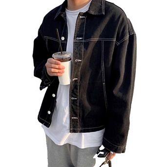 Men's Contrast Stitch Denim Jacket, Casual Loose Fit Trucker Jacket with White Topstitch
