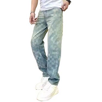 Men's Straight Leg Jeans, Casual Loose Fit Denim Pants with Unique Checkered Pattern.